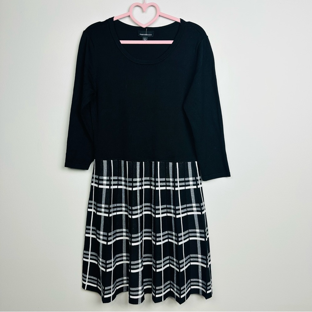 Fortune Ivy Chic Black and White Plaid Long Sleeve Dress Size Large